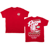 Red t-shirt with 'Krusty Krab Pizza' graphic on a white background