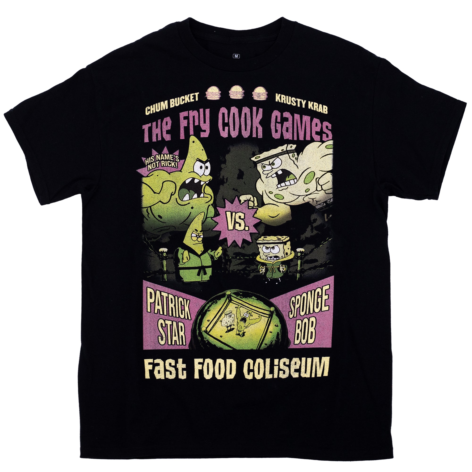 Flat lay of a Black t-shirt featuring a jumbo graphic of "The Fry Cook Games" from SpongeBob SquarePants. The design shows muscular versions of SpongeBob and Patrick facing off in a wrestling-style match, sponsored by the Krusty Krab and Chum Bucket. Text includes “His name’s not Rick!”, “Patrick Star vs. SpongeBob”, and “Fast Food Coliseum” with a green filtered wrestling ring at the bottom. The style is bold, distressed, and retro-inspired.