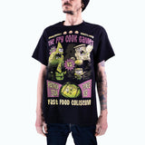 Male body fit shot of a Black t-shirt featuring a jumbo graphic of "The Fry Cook Games" from SpongeBob SquarePants. The design shows muscular versions of SpongeBob and Patrick facing off in a wrestling-style match, sponsored by the Krusty Krab and Chum Bucket. Text includes “His name’s not Rick!”, “Patrick Star vs. SpongeBob”, and “Fast Food Coliseum” with a green filtered wrestling ring at the bottom. The style is bold, distressed, and retro-inspired.