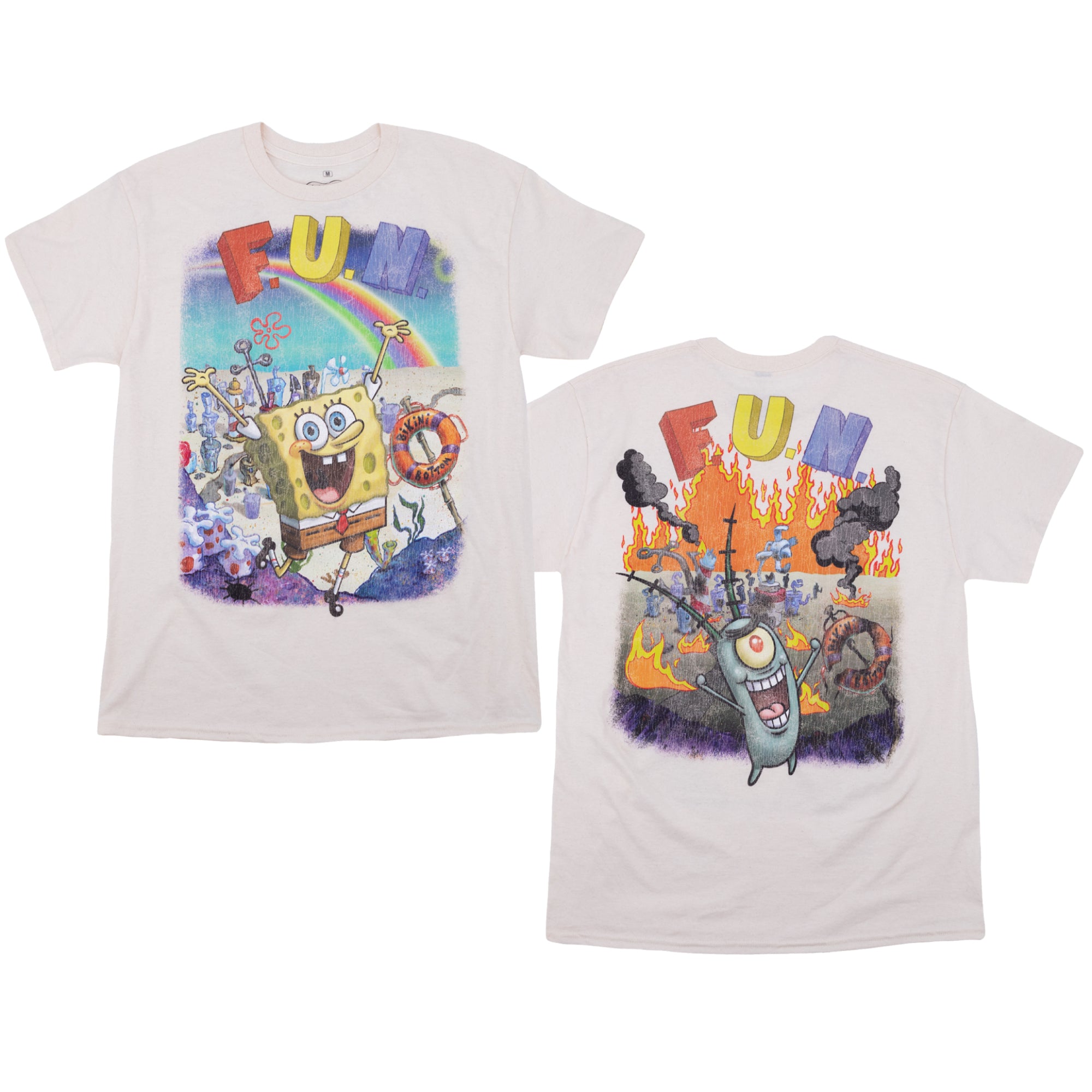 A natural-colored t-shirt with jumbo prints on both the front and back. The front features SpongeBob SquarePants happily jumping under a rainbow with colorful letters spelling "F.U.N." above him. The background shows a cheerful underwater Bikini Bottom scene with sea creatures and bright colors. The back shows a contrasting scene with Plankton laughing maniacally in front of a burning, chaotic version of Bikini Bottom. The same "F.U.N." letters appear above. Graphics are distressed for a retro feel.