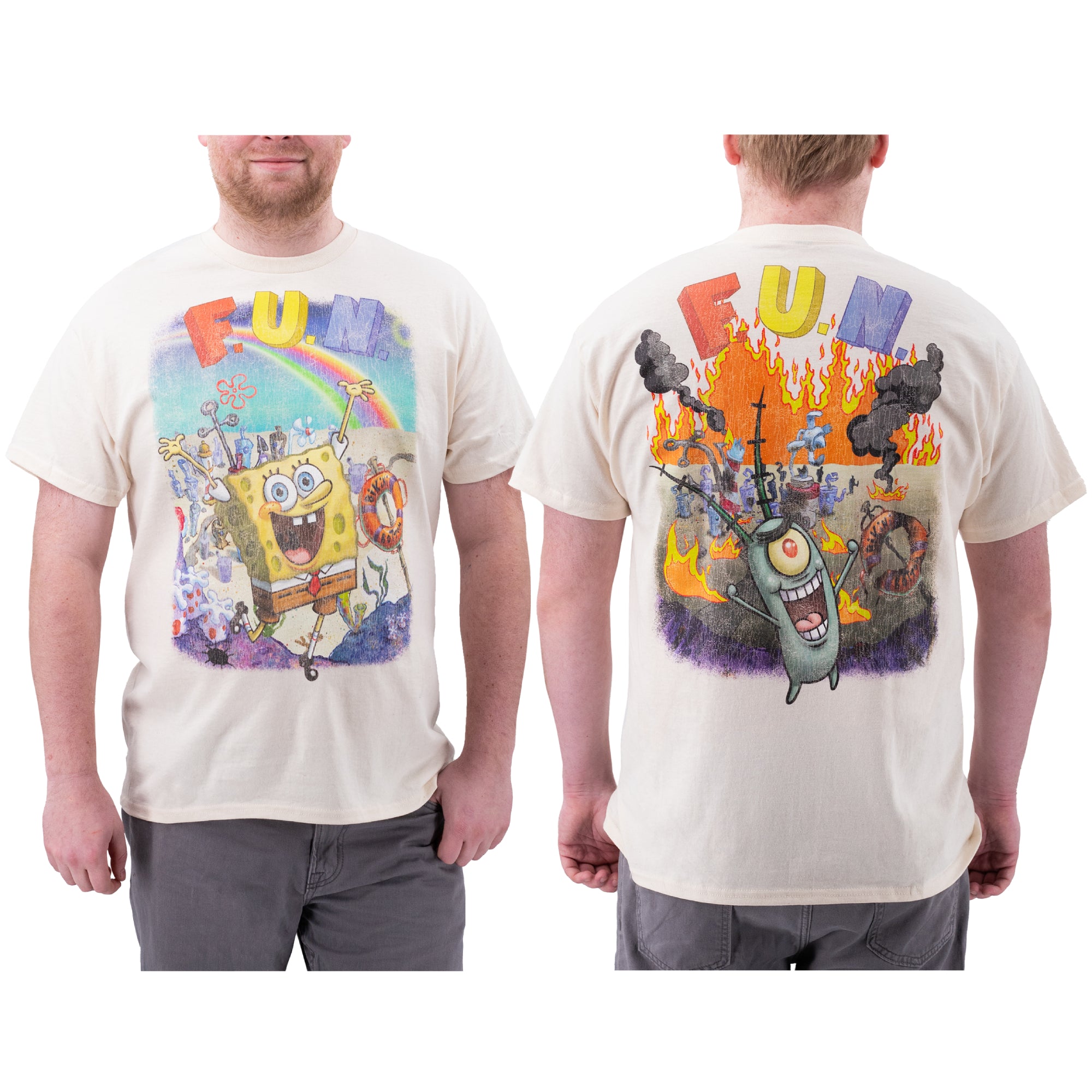 Official SpongeBob tee on a male body to show fit.