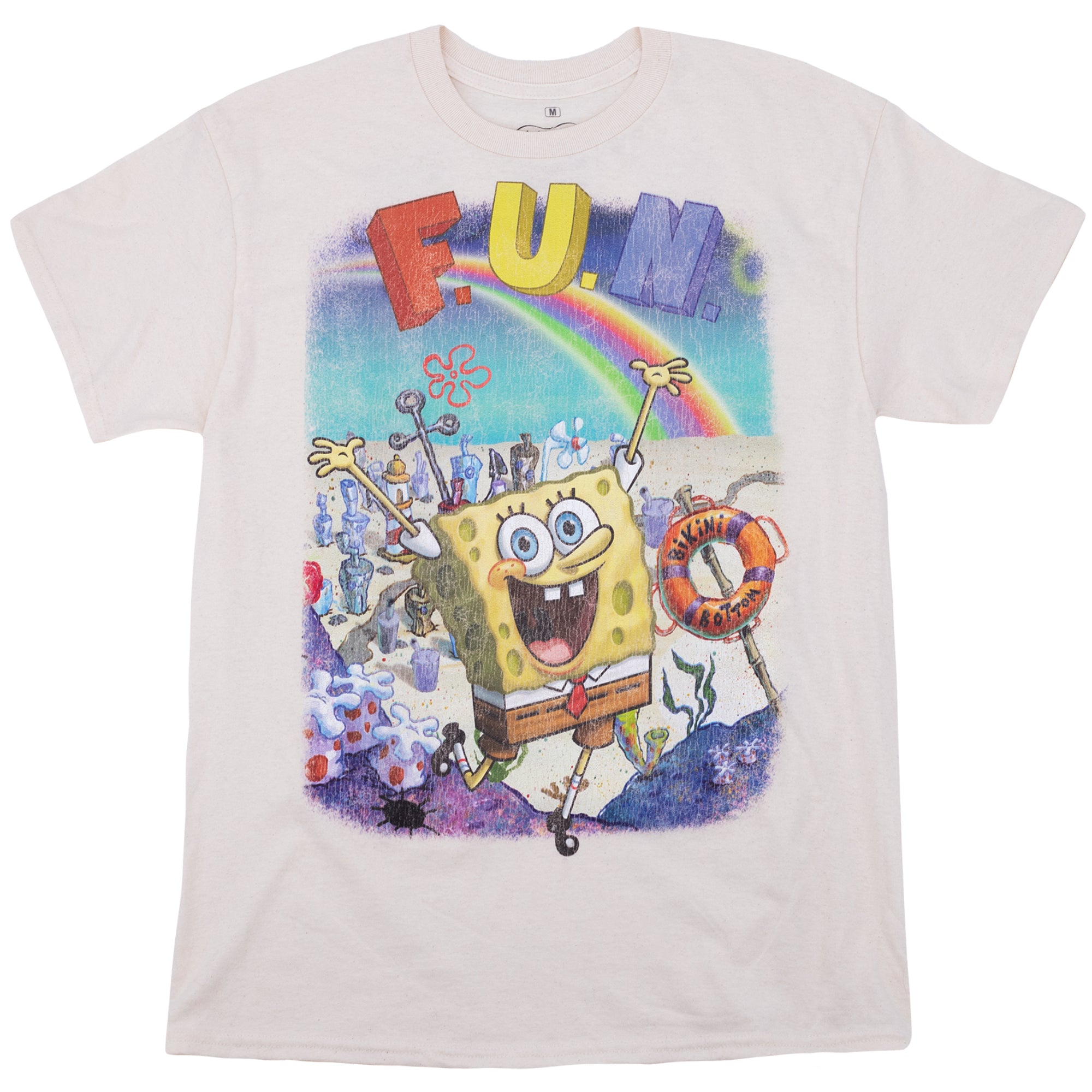 Natural (beige) t-shirt featuring SpongeBob is joyfully jumping with arms raised under a rainbow, surrounded by iconic bikini bottom imagery and the word "F.U.N." in colorful block letters above him in reference to the popular episode.