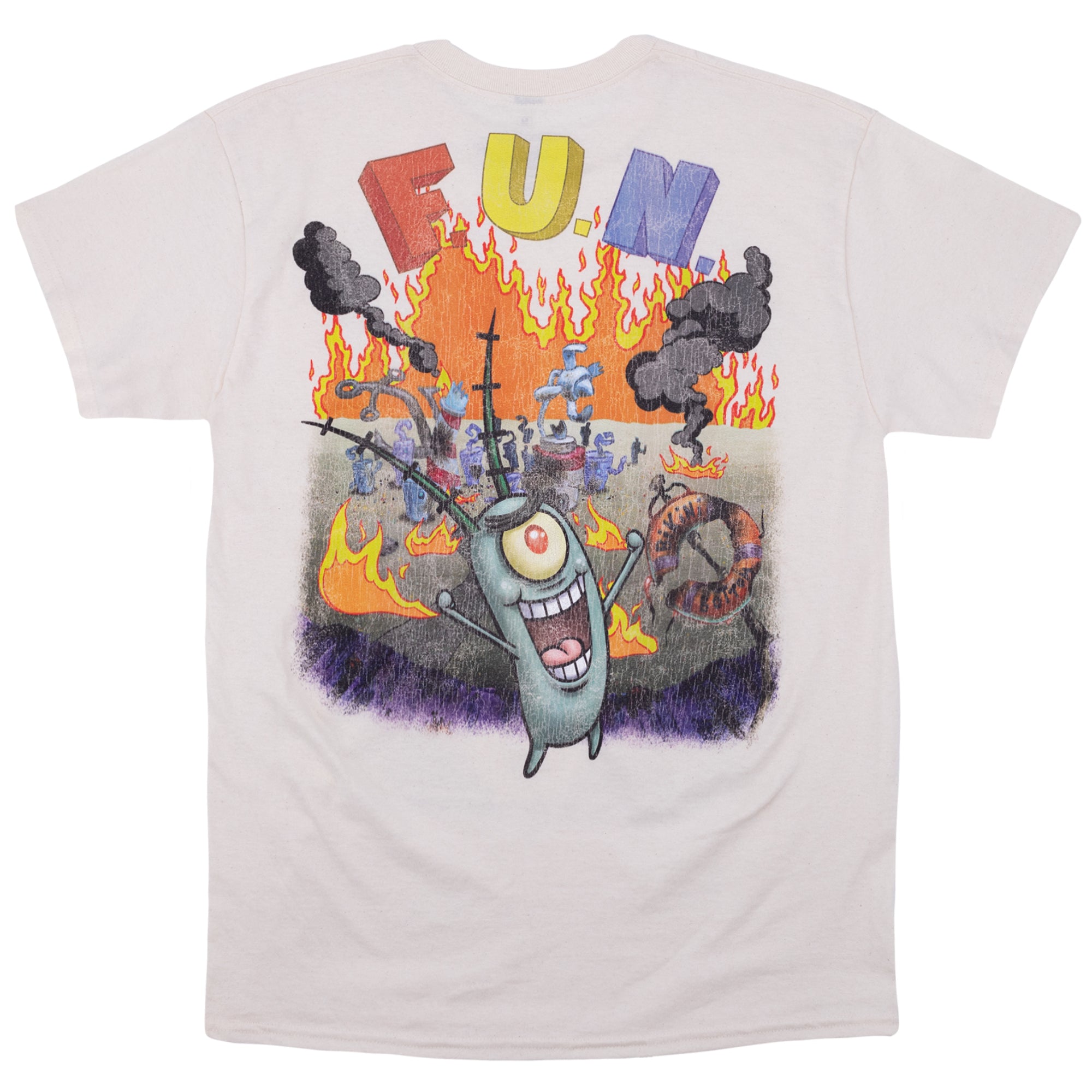 Back of natural (beige) t-shirt featuring Plankton from Spongebob grinning maniacally in front of burning buildings in bikini bottom.