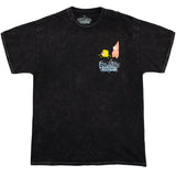 A flat lay of the front of a black mineral wash t-shirt, officially licensed SpongeBob SquarePants-merch. Featuring a left chest hit of SpongeBob and Patrick as cavemen, with the "SpongeBob SquarePants" logo below them in dynamic full color.