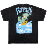 Back flat lay of a black mineral wash Spongebob Squarepants t-shirt. Featuring a large, vibrant print of Squidward in a panicked expression, surrounded by a futuristic, blue-tinted underwater landscape. Above him, the word "FUTURE" is displayed in a bold, chrome-like font with a liquid metal effect, referencing the iconic scene from the show