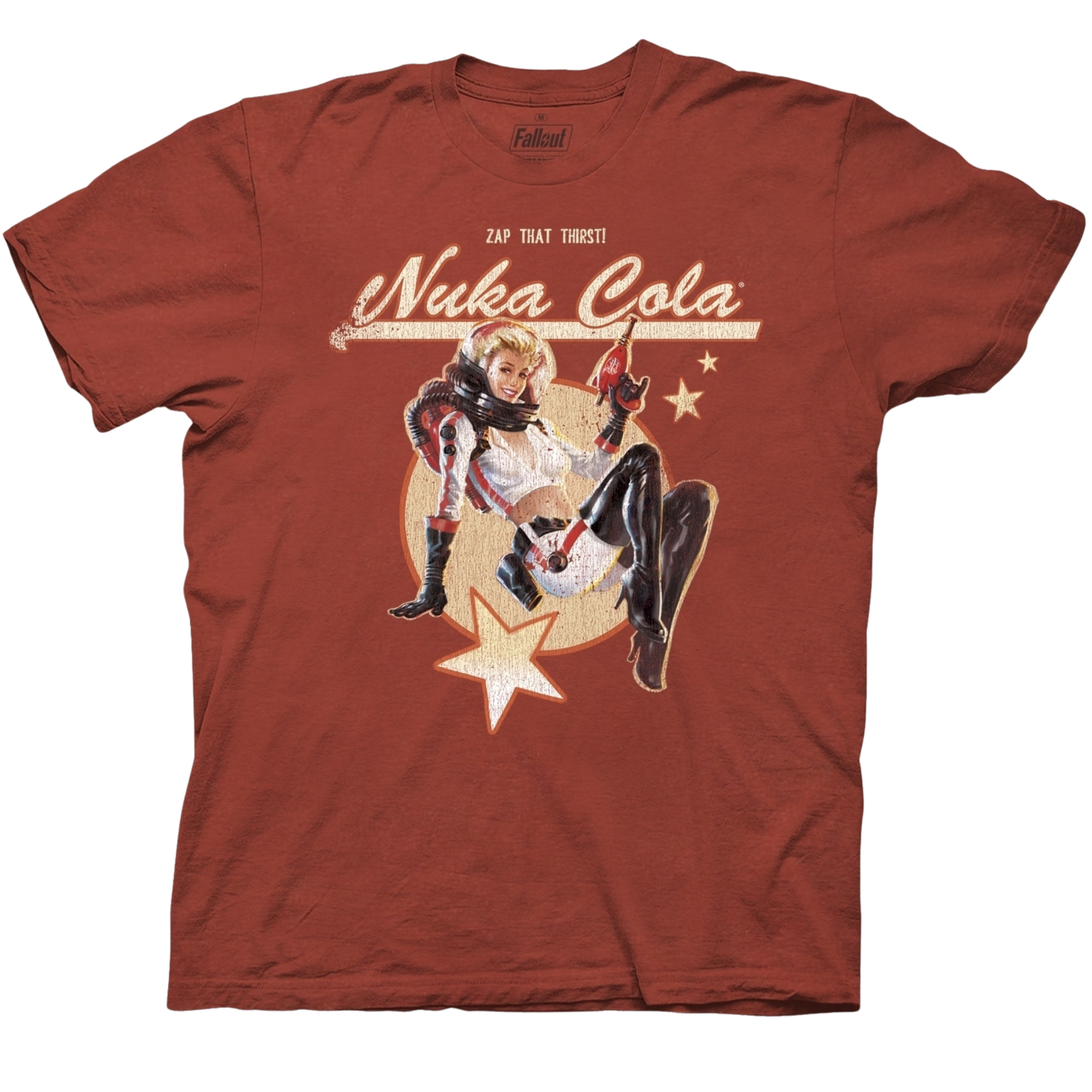 Terracotta cotton crew-neck tee featuring nuka-cola pin-up girl from fallout series with text "Zap that thirst! Nuka Cola" Vintage style design is distressed and adorned with illustrative stars.