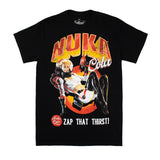 Black Fallout graphic tee featuring vintage style Nuka Cola pinup. Large retro text reads "NUKA COLA" with a retrofuturism pinup astronaut holding her signature blaster. Below is the Nuka Cola logo and the tagline "Zap That Thirst!""