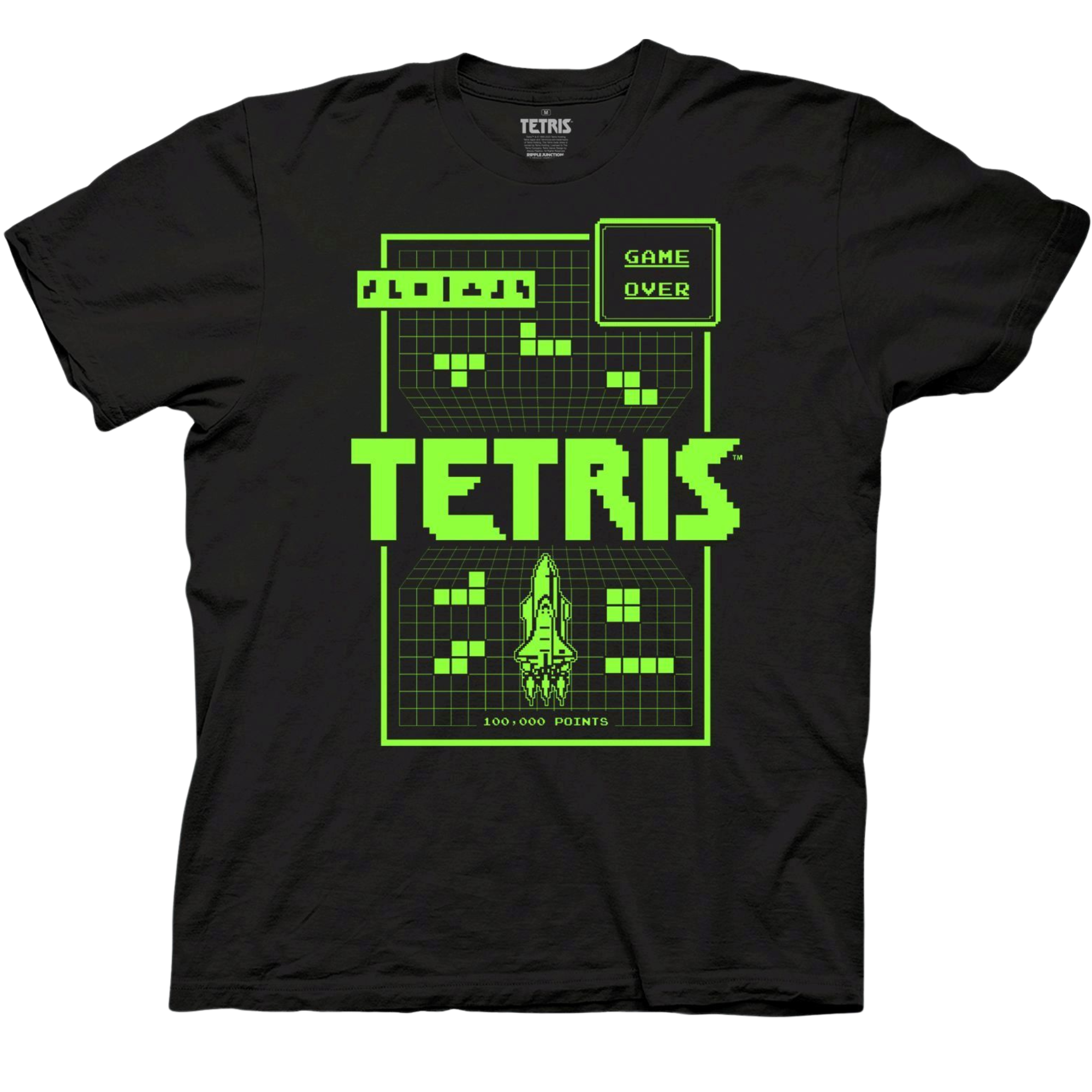 Black t-shirt with neon green retro design depicting old-school Tetris videogame. Encapsulated in rectangle, top right says "GAME OVER" along with rocket ship and text at bottom that says "100,000 points"