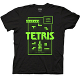 Black t-shirt with neon green retro design depicting old-school Tetris videogame. Encapsulated in rectangle, top right says "GAME OVER" along with rocket ship and text at bottom that says "100,000 points"