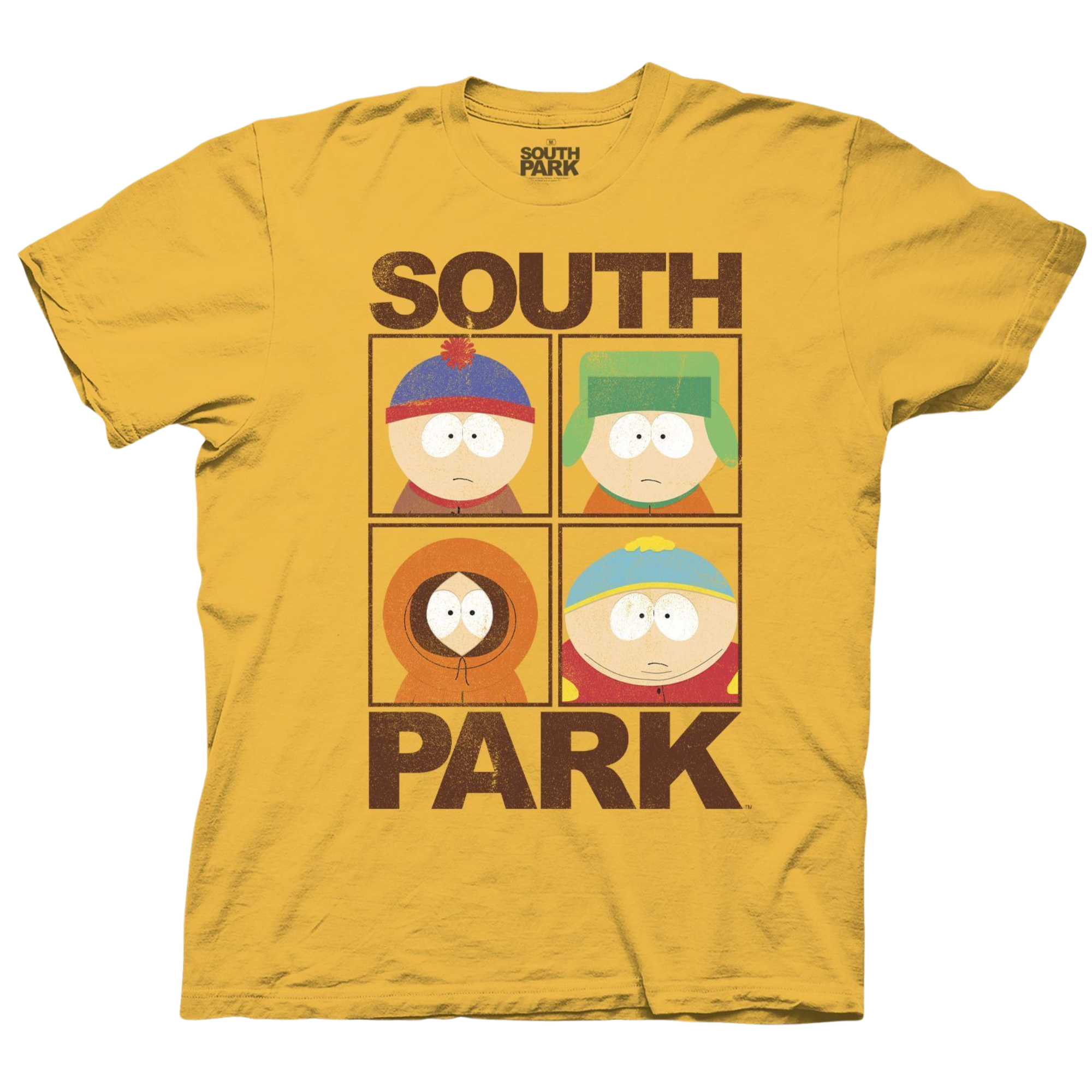 South park main character distressed grid t-shirt. Features Stan, Kyle, Kenny, and Cartman with series logo on a banana yellow blank with brown accents