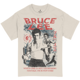 Natural colored tee shirt featuring red distressed text reading "BRUCE LEE" and "When one is not expressing himself, he is not free" along with a black and white collage of bruce lee from his iconic movies. Also features Japanese Kanji and the symbol for Jeet Kune Do.