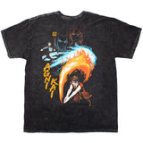 Back view of black mineral t-shirt with distressed graphics depicting Zuko and Azula engaged in the iconic Agni Kai battle, a trial by fire. Shows Azula's electric blue flames contrasted against Zuko's classic fire-bender flare. Also features comic panel view of characters as a tonal background. Text reads "Agni Kai".