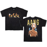 Front and back view of premium black mineral wash T-shirt featuring Aang from Avatar: The Last Airbender; front design shows multiple action poses of Aang air-bending, while the back showcases a large striking illustration of Aang in the Avatar state with large graphic text reading "AANG" and glowing effect as background.