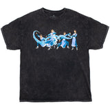 Front view of premium black mineral wash tee with distressed print featuring Katara from Avatar: The Last Airbender. Design showcases a fluid sequence of Katara’s water-bending moves with swirling animated waves.
