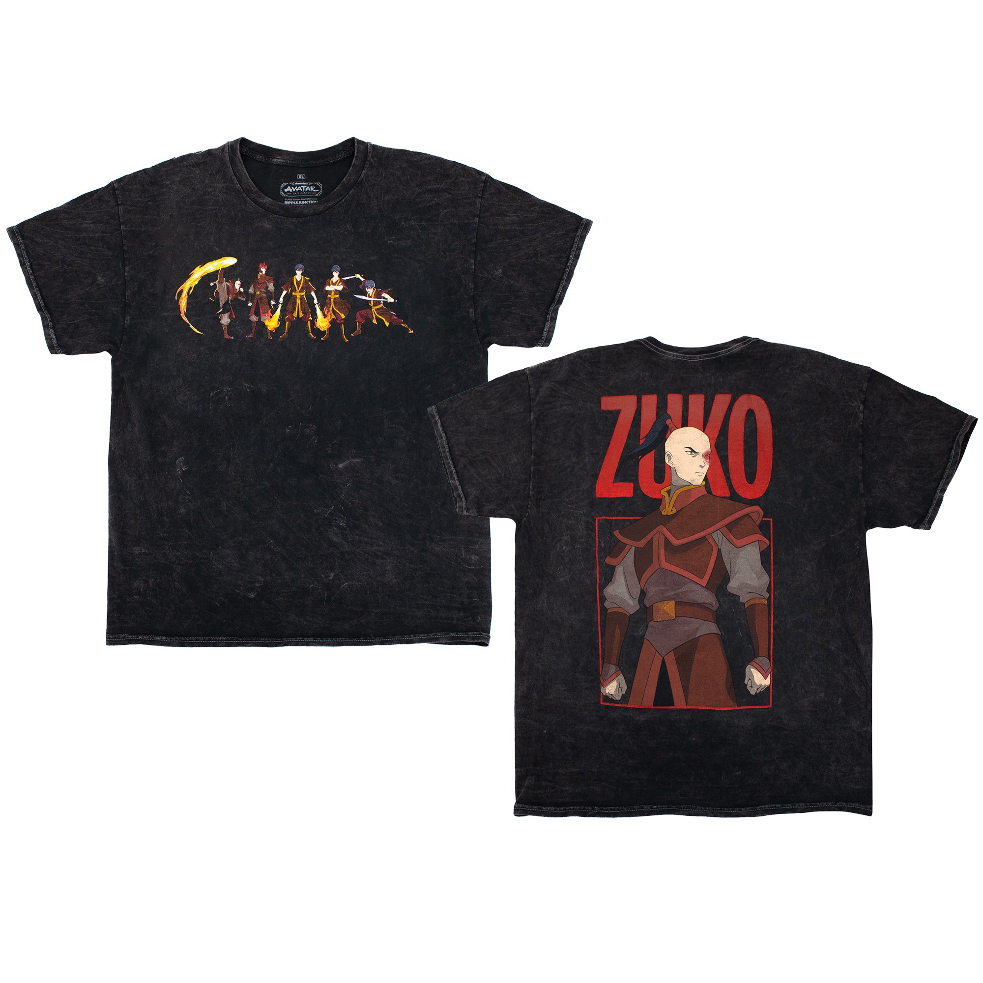 Front and back view of premium black mineral wash T-shirt featuring Zuko from Avatar: The Last Airbender. Front design shows multiple action poses from various points of the series showing off both Zuko's swordsmanship and fire-bending prowess. The back showcases a large, distressed print of Zuko in his fire-nation regalia with background text reading "Zuko".