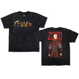 Front and back view of premium black mineral wash T-shirt featuring Zuko from Avatar: The Last Airbender. Front design shows multiple action poses from various points of the series showing off both Zuko's swordsmanship and fire-bending prowess. The back showcases a large, distressed print of Zuko in his fire-nation regalia with background text reading "Zuko".