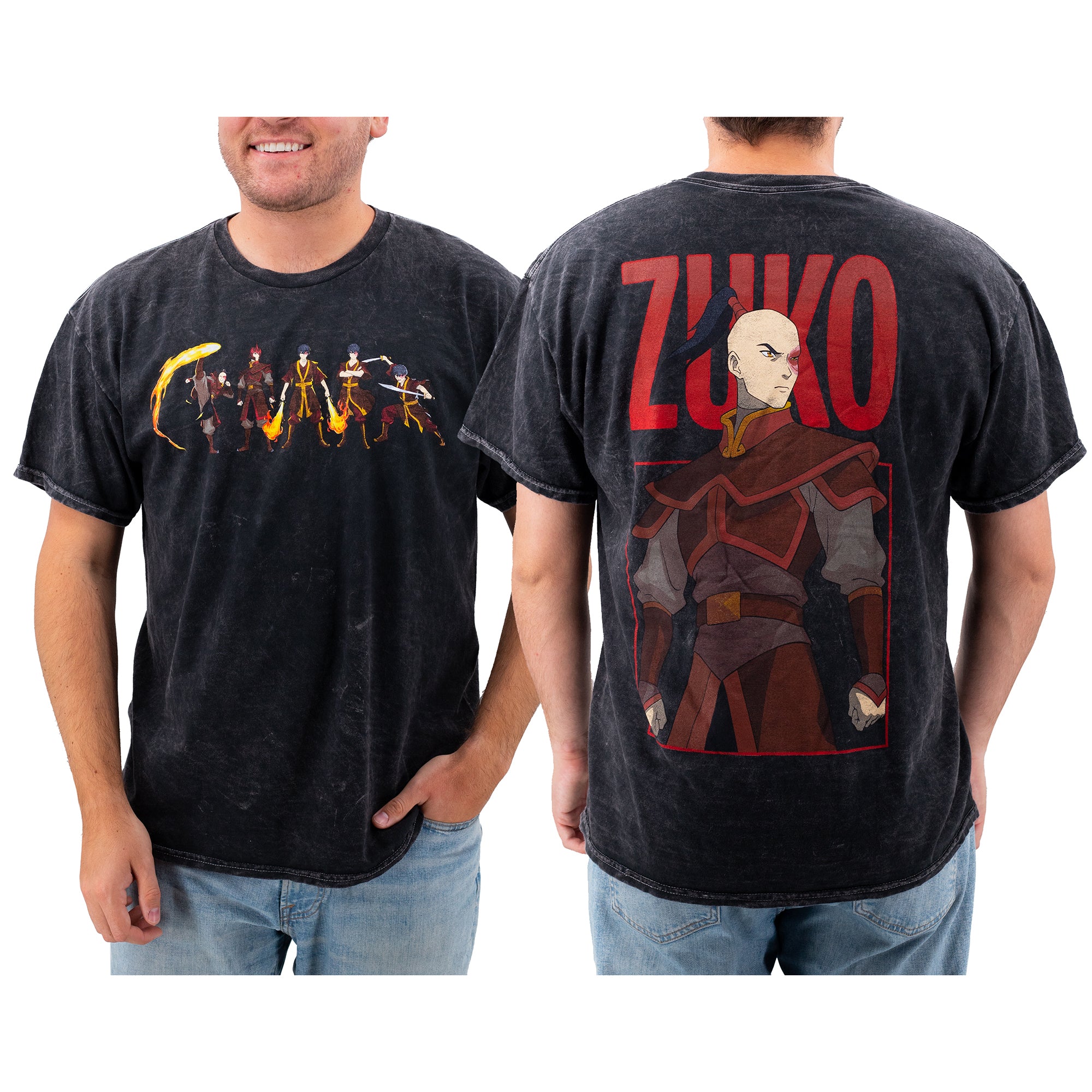 Front and back view of black mineral wash T-shirt on standard male body to show fit. Tee is featuring Zuko from Avatar: The Last Airbender. Front design shows multiple action poses from various points of the series showing off both Zuko's swordsmanship and fire-bending prowess. The back showcases a large distressed print of Zuko in his fire-nation regalia with graphic text reading "Zuko".