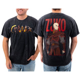 Front and back view of black mineral wash T-shirt on standard male body to show fit. Tee is featuring Zuko from Avatar: The Last Airbender. Front design shows multiple action poses from various points of the series showing off both Zuko's swordsmanship and fire-bending prowess. The back showcases a large distressed print of Zuko in his fire-nation regalia with graphic text reading "Zuko".