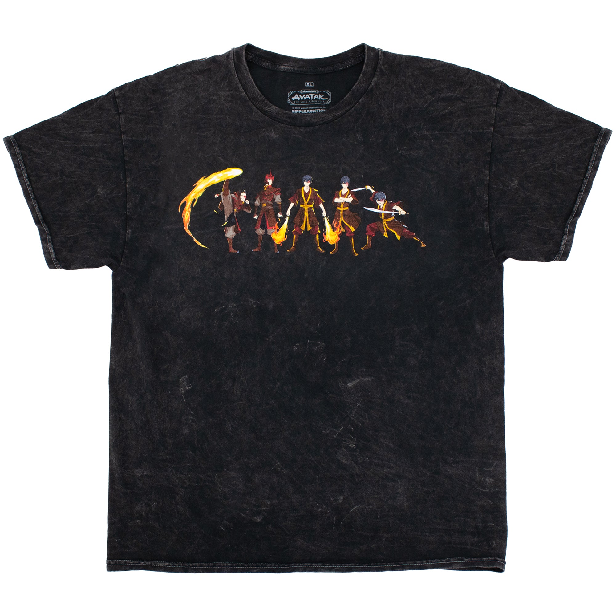 Front view of black mineral tee with distressed print featuring multiple action poses from various points of the series showing off both Zuko's swordsmanship and fire-bending prowess.