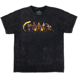 Front view of black mineral tee with distressed print featuring multiple action poses from various points of the series showing off both Zuko's swordsmanship and fire-bending prowess.
