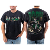 Front and back view of black mineral wash T-shirt on standard male body to show fit. Tee is featuring Toph Beifong from Avatar: The Last Airbender; front design shows multiple action poses of Toph earthbending, while the back showcases a large dynamic illustration with the text 'TOPH' and 'Let's Break Some Rules!'