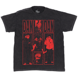 Black DanDaDan t-shirt with bold red line art featuring Okarun in vertical manga-style panels with dramatic typography.