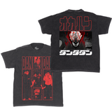 Front and back view of black DanDaDan anime t-shirt featuring red line art panels of Okalun and his transformation on the front, with a bold full-color possessed Okalun back graphic and Japanese katakana lettering.