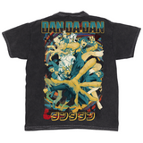 Vibrant DanDaDan t-shirt showcasing a dynamic full-color illustration of Okarun, Momo, and other characters in a swirling action pose with stylized text.
