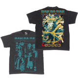 Front and back view of black DanDaDan anime t-shirt featuring teal graphic line art of Momo, Okarun, and supporting characters on the front, with a vivid full-color battle scene on the back showing the full cast in dynamic motion and bold logo typography.
