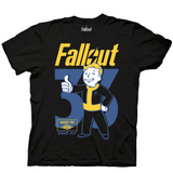 Black Fallout graphic t-shirt featuring vault 33 design with vault-tec mascot and logo in the signature blue and yellow.