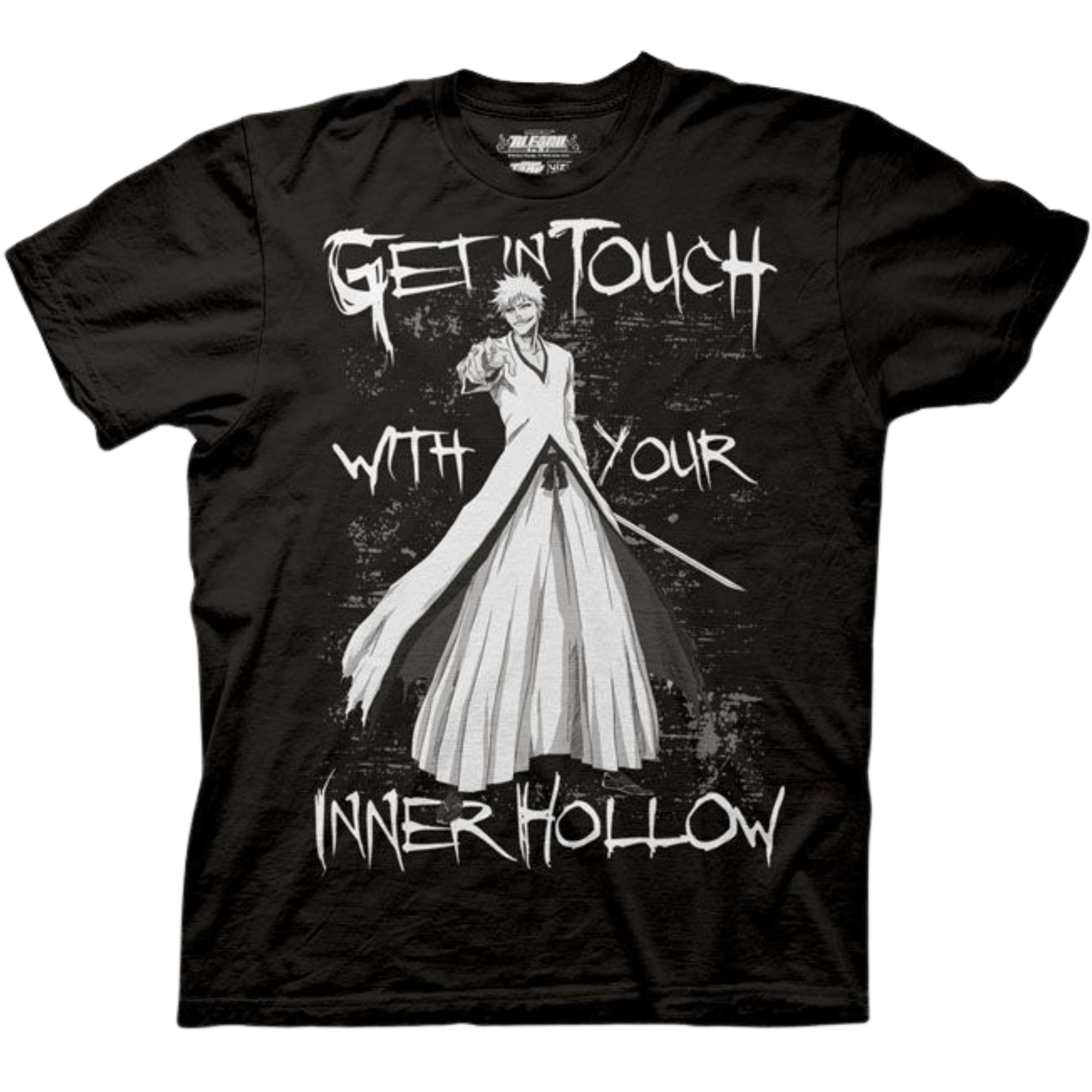 Alt text: Black t-shirt featuring a monochrome illustration of Hollow Ichigo from the anime Bleach. He is shown in his white Hollow form, holding a sword with a menacing grin. The stylized text around him reads, “GET IN TOUCH WITH YOUR INNER HOLLOW” in distressed, edgy lettering. The background has a rough, grunge texture to enhance the dark aesthetic.