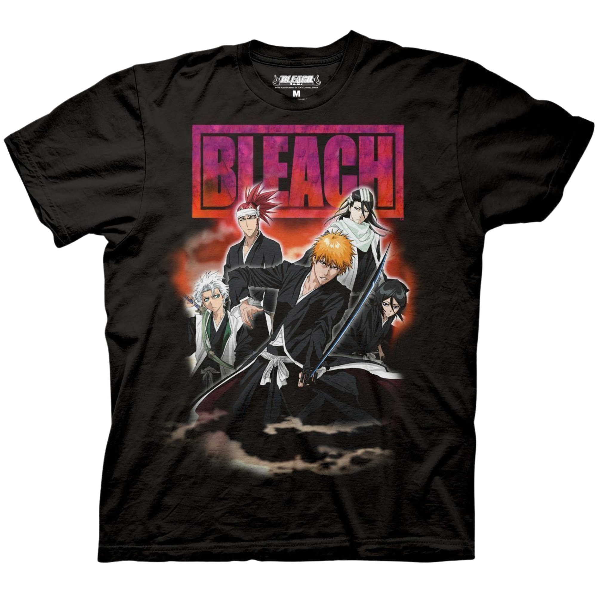 Black t-shirt featuring characters from the anime Bleach. The design showcases five prominent characters surrounded by a fiery red glow. Above them, the bold magenta and orange BLEACH logo is prominently displayed. Characters featured from left to right: Tōshirō Hitsugaya, Renji Abarai, Ichigo Kurosaki, Byakuya Kuchiki, and Rukia Kuchiki.