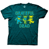 Dark turquoise t-shirt with three iconic grateful dead dancing bears in blue, green, and yellow. Text reads "GRATEFUL DEAD" in classic neon style lettering.