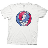 White t-shirt featuring the iconic Grateful Dead “Steal Your Face” logo—a white skull with a red and blue lightning bolt splitting the circle background. The design has a vintage, distressed look.