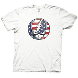 White t-shirt featuring the Grateful Dead's "Steal Your Face" skull logo filled with the American flag's stars and stripes pattern, giving it a patriotic and vintage-inspired look.