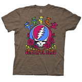 Heather gray T-shirt featuring a colorful Grateful Dead design with a central "Steal Your Face" skull logo split into blue and red halves with a lightning bolt. Surrounding the skull are red roses, and above it are five dancing bears in different colors (blue, green, yellow, orange, and pink). The text "Grateful Dead" appears in bold, rainbow-colored letters below the design.