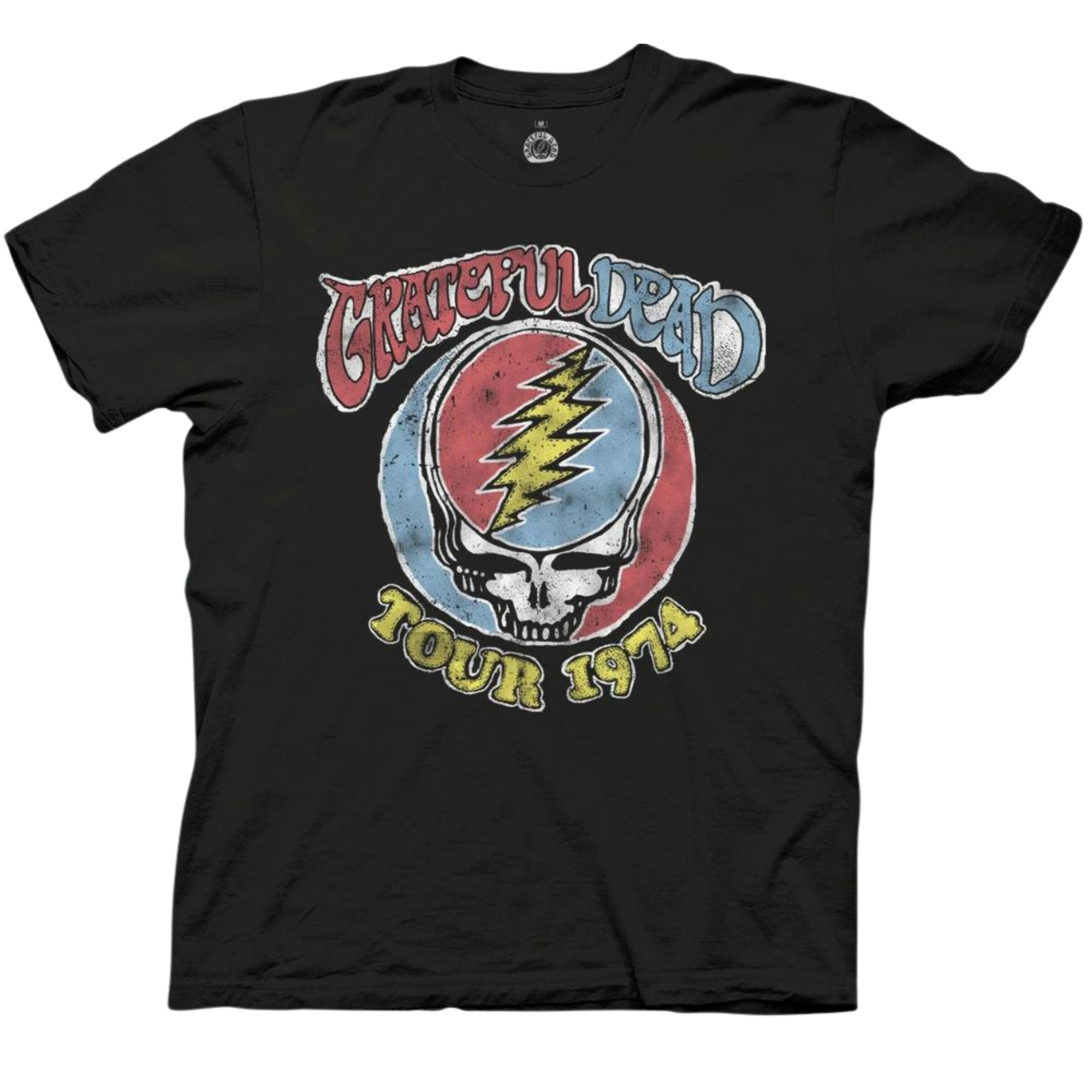 Black t-shirt featuring a vintage-style graphic of the iconic Grateful Dead Steal your Face icon in red and blue with yellow details. Text reads “Grateful Dead Tour 1974.”