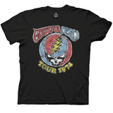 Black t-shirt featuring a vintage-style graphic of the iconic Grateful Dead Steal your Face icon in red and blue with yellow details. Text reads “Grateful Dead Tour 1974.”