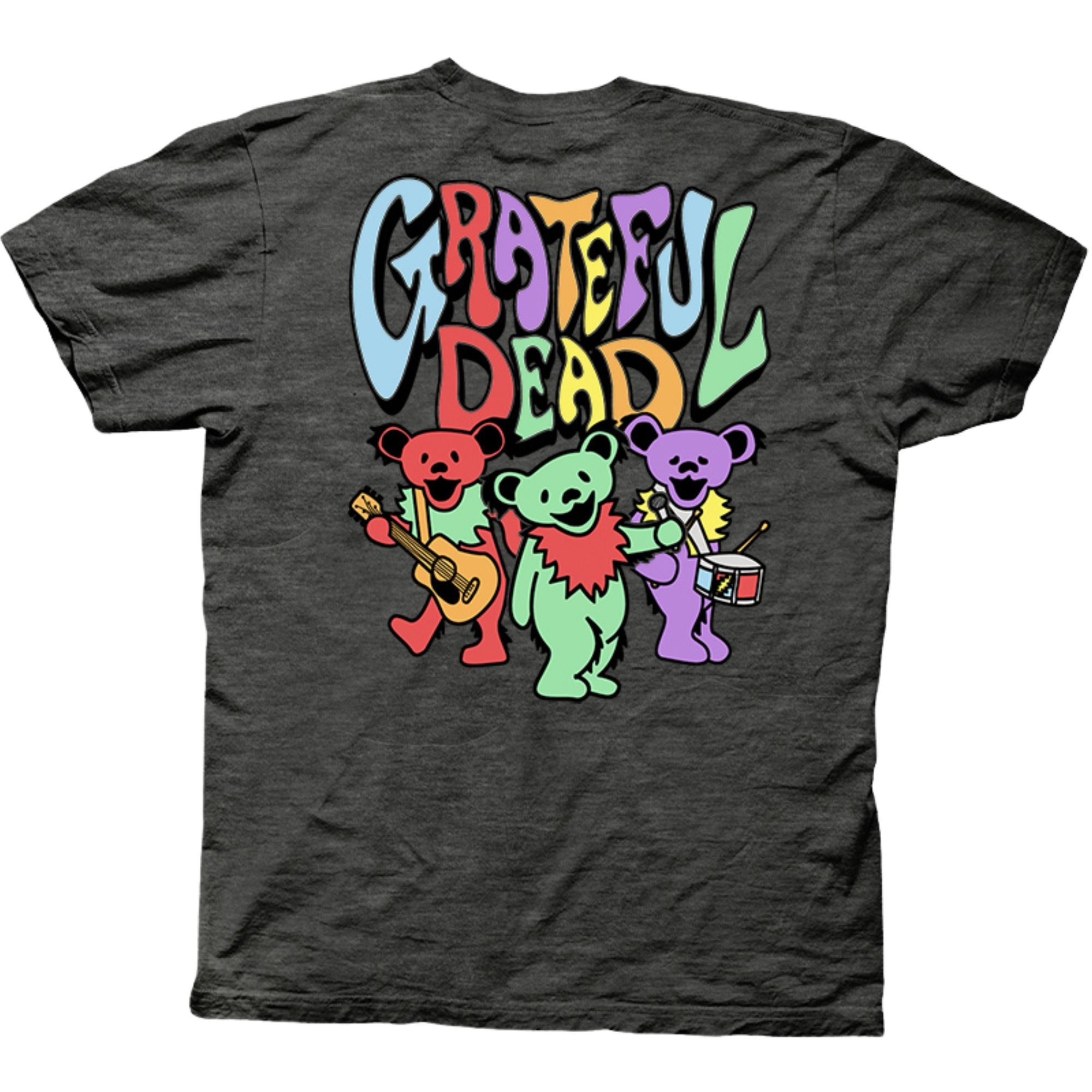 The back showcases a large, vibrant illustration of the iconic dancing bears, each playing a musical instrument—guitar, tambourine, and snare drum—beneath the same multicolored "Grateful Dead" text. The design blends retro music nostalgia with playful, whimsical energy.