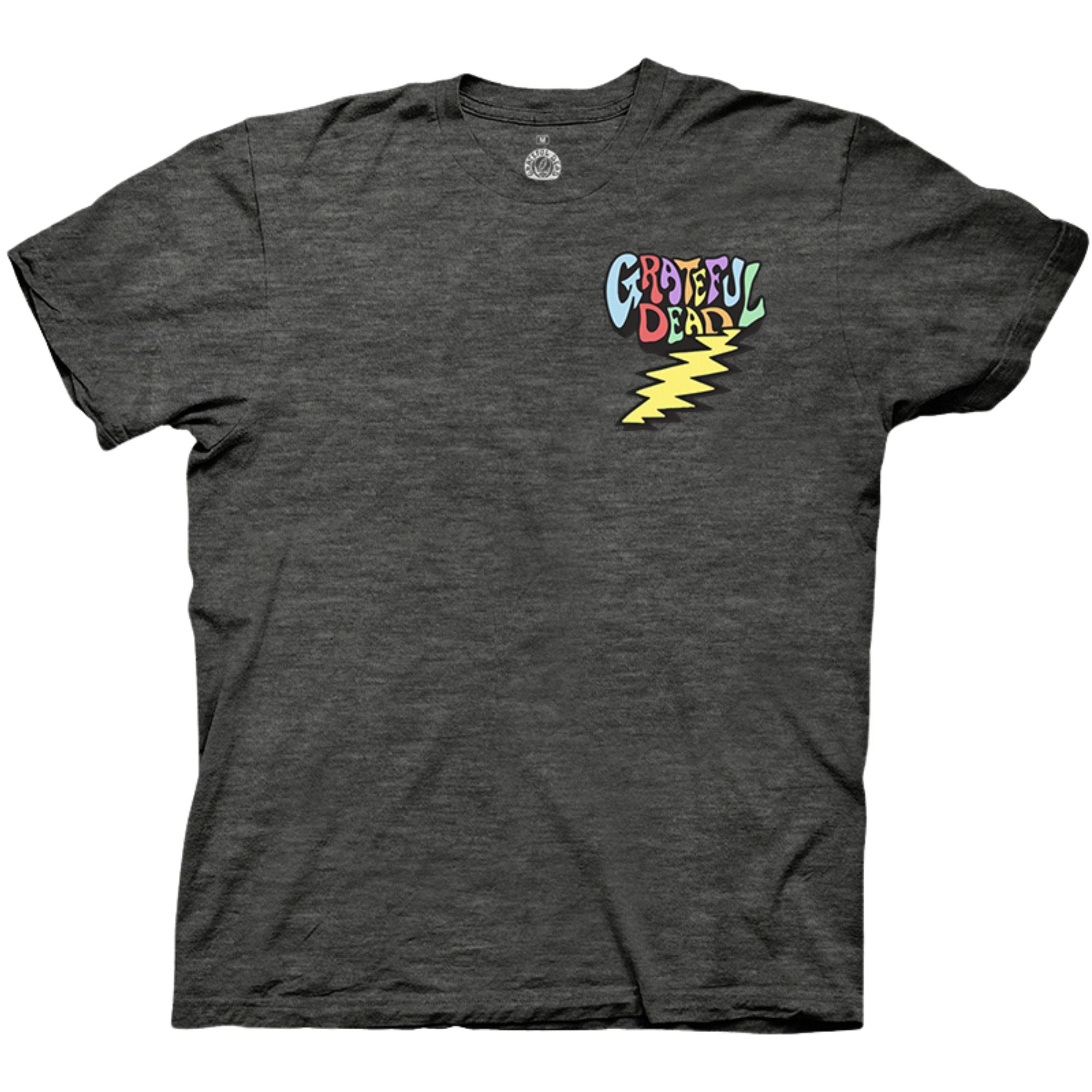 A dark heather grey Grateful Dead T-shirt featuring a front chest graphic of the band's name in colorful, psychedelic lettering above a yellow lightning bolt.