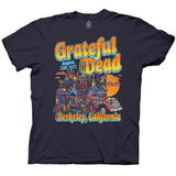 Navy blue T-shirt featuring colorful artwork and bold text.  The design includes a psychedelic bus packed with skeleton figures, a sunset in the background, and vivid, swirling patterns and clouds throughout. The text reads: "Grateful Dead, August 25th 1972, Berkeley, California."