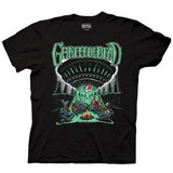 Black T-shirt featuring a Grateful Dead design with skeleton figures sitting around a campfire in a forest, playing musical instruments. Above them hovers a large, green-lit UFO with the band's "Steal Your Face" logo beaming down from the center. The text "Grateful Dead" appears in stylized green lettering at the top. The scene has a sci-fi and psychedelic vibe, combining alien imagery with classic Grateful Dead iconography.