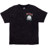 Black mineral wash tee shirt, front: Upper left chest print of Grateful Dead steal your face with band title above style.