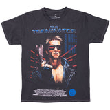 The Terminator vintage movie tee, depicts arnold schwarzenegger as the terminator with blue metallic lettering and red lazar accents on our premium black mineral wash tee along with white contrast stitching. Other text: movie credits and attributions.