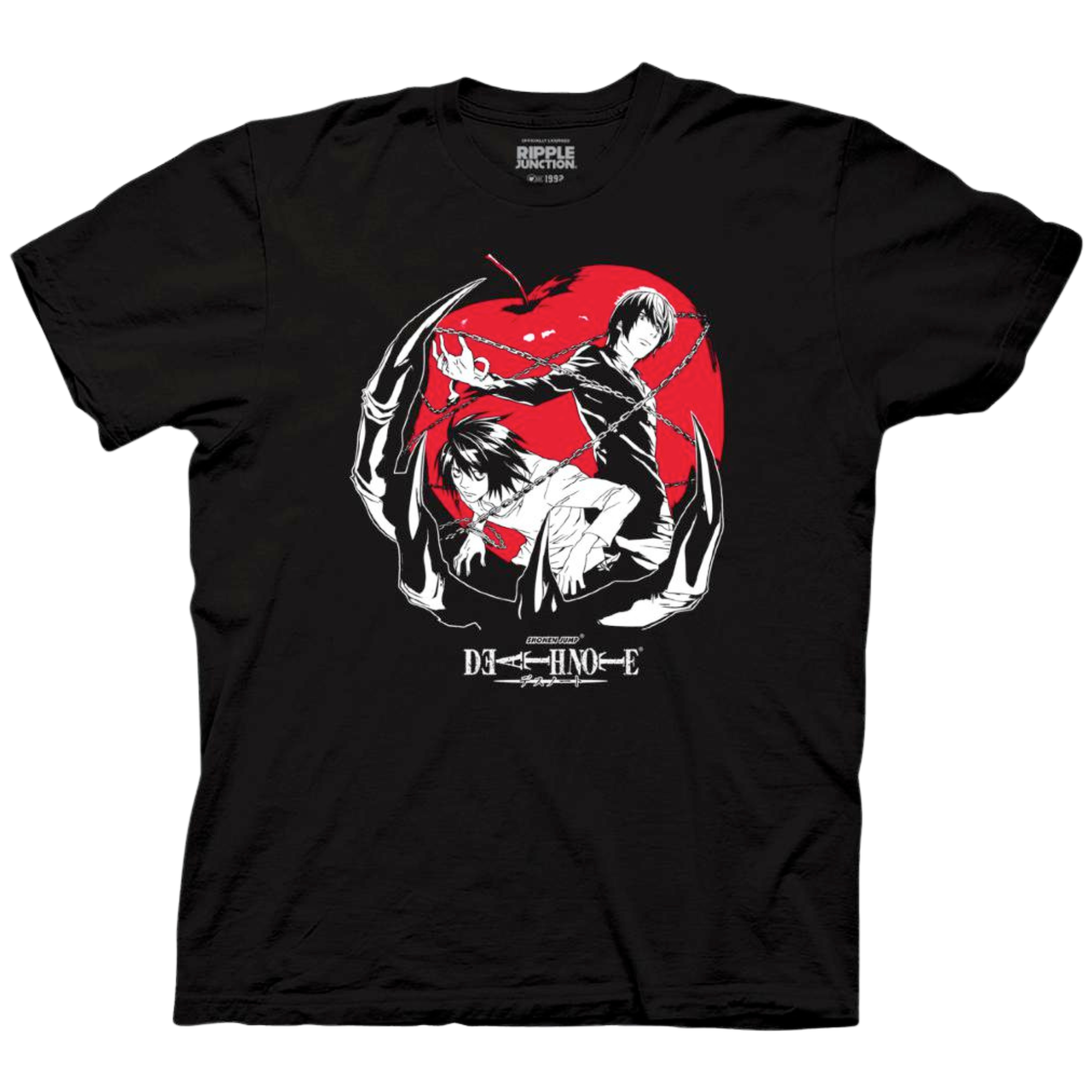 Black Death Note t-shirt featuring a red apple backdrop with characters Light Yagami and L in dynamic poses, encapsulated by a chain. The stylized skeletal hands of Ryuk frame the design. Below the graphic is the official Death Note logo with 'Shonen Jump' branding. The artwork uses bold black, white, and red tones to create a dramatic, intense look.