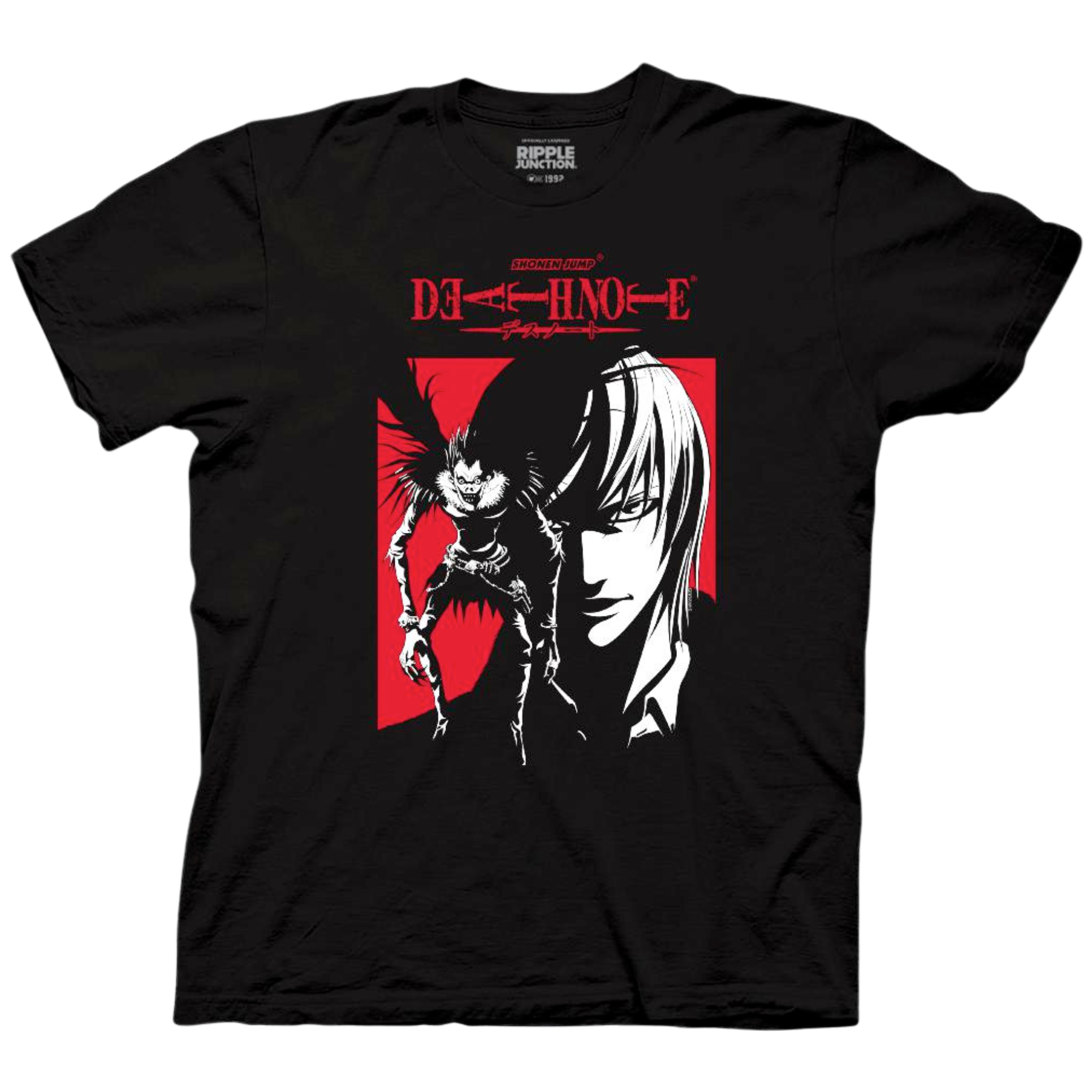 Black Death Note t-shirt featuring a bold red and black graphic of Ryuk and Light Yagami. Ryuk is shown with a menacing grin, while Light appears in a sharp, stylized white silhouette. Above them is the red Death Note logo with 'Shonen Jump' branding. The design has a dramatic, high-contrast aesthetic.