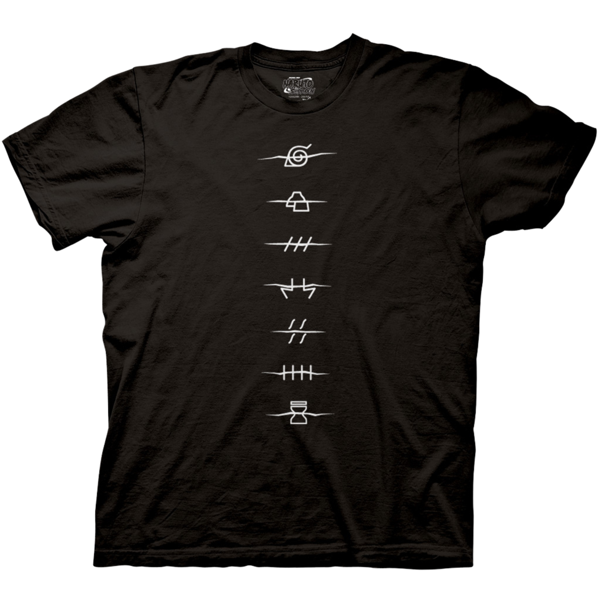 Black Naruto t-shirt with white center vertical design of crossed-out ninja village headband symbols representing the rogue shinobi.