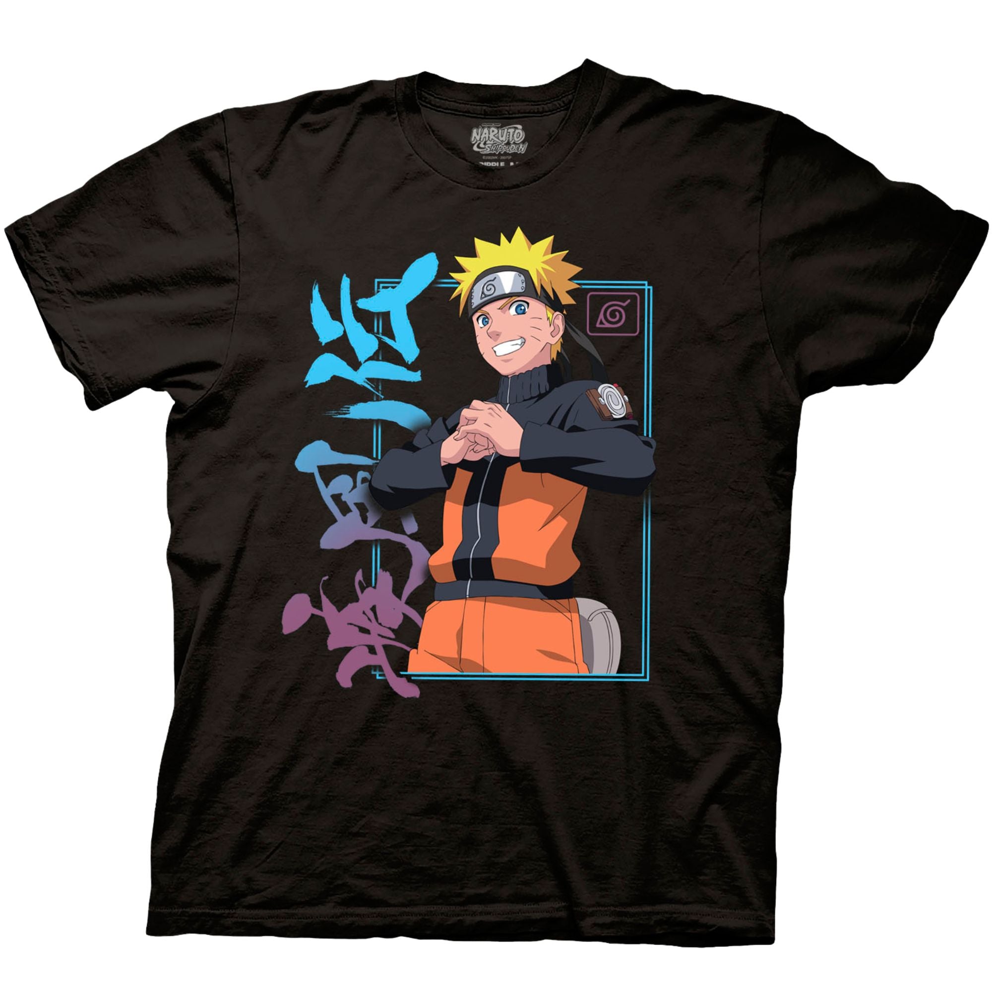 Naruto t-shirt featuring Uzumaki Naruto in battle stance with colorful kanji text and Hidden Leaf symbol