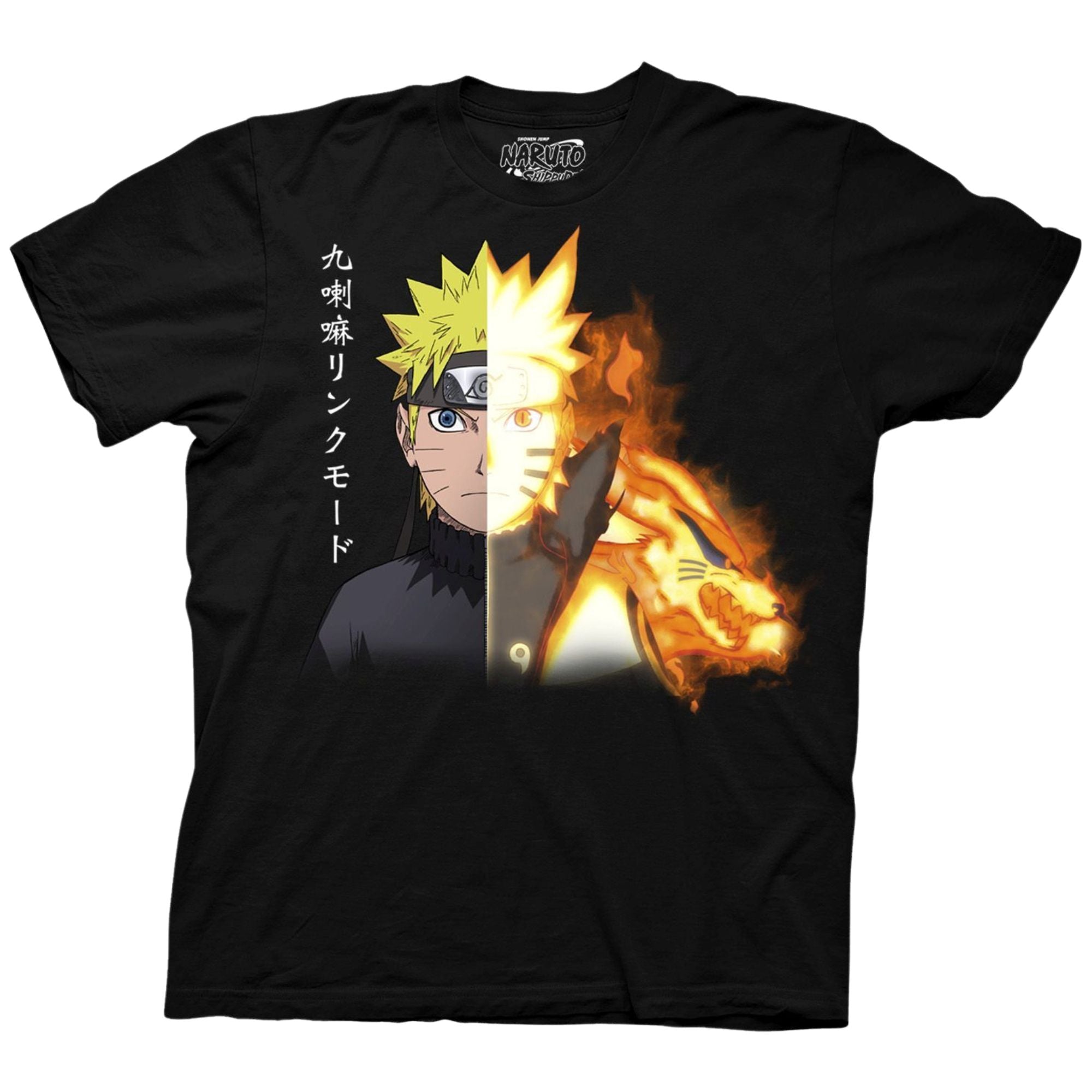 Black Naruto t-shirt featuring split face design of Naruto and Kurama in full fiery color with Japanese text on the left