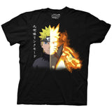 Black Naruto t-shirt featuring split face design of Naruto and Kurama in full fiery color with Japanese text on the left